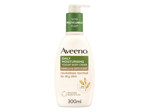 Aveeno Daily Moisturising Yogurt Body Cream 300ml pump bottle, vanilla and oat scent.