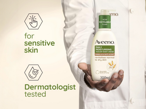 Aveeno Daily Moisturising Yogurt Body Cream 300ml pump bottle, vanilla and oat scent.