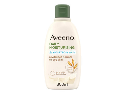 Aveeno Daily Moisturising Yogurt Body Wash bottle, 300ml, with vanilla and oat scent.