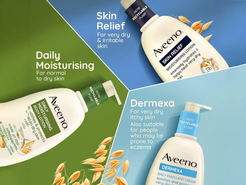 Aveeno Skin Relief Body Oil Spray bottle, 200ml, with oat and jojoba oil & other variants.