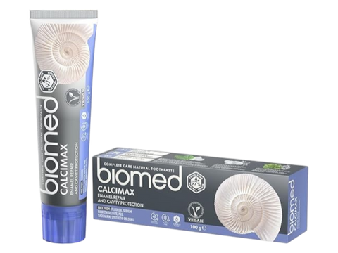 BIOMED Calcimax Mineral Toothpaste tube & box, 100g, on a clean background.