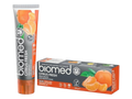 Greey & orange tube & box of BIOMED Citrus Fresh Natural Toothpaste on a clean background.
