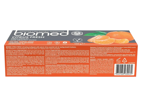  Ingredients and information panel for BIOMED 97% Natural Toothpaste.
