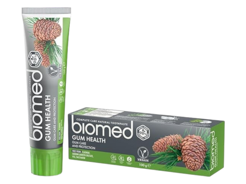 BIOMED Herbal Mint 98% Natural Toothpaste tube & box, 100g, on a clean background.