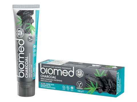 Black and blue tube & box of BIOMED Triple Charcoal Natural Toothpaste, 100g.