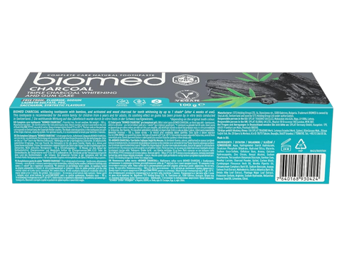 Supplement facts and ingredient list for BIOMED 98% Natural Charcoal Toothpaste.