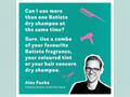 Promotional graphic with Batiste dry shampoo text and images on a teal background