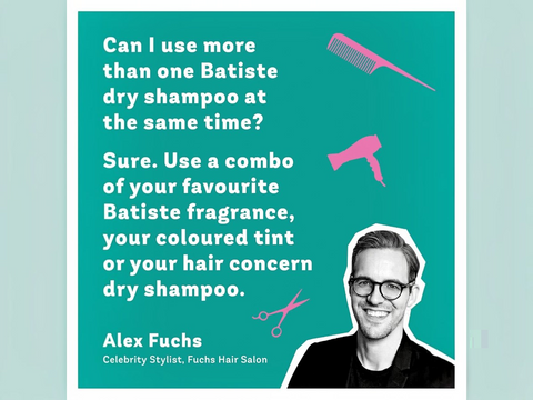 Promotional graphic with Batiste dry shampoo text and images on a teal background