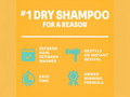 Advertisement for dry shampoo with icons and text on a yellow background