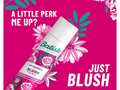 Batiste Dry Shampoo Blush bottle on a pink background with floral elements and text.