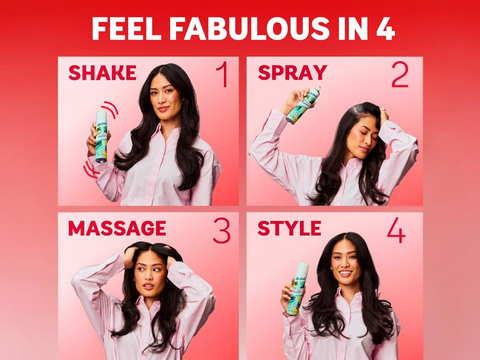 Step-by-step guide on how to use a hair product with a woman demonstrating each step on a red background.