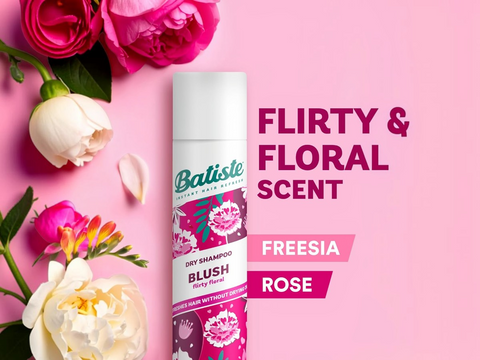 Batiste dry shampoo can with flowers on a pink background