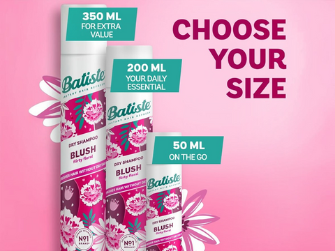 Batiste Blush dry shampoo bottles with size options on a pink background