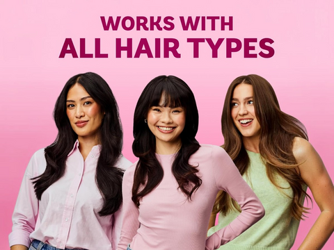 Three women with different hair types standing together against a pink background with text 'Works with all hair types'.