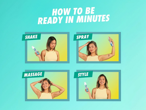 Instructions on how to be ready in minutes with a woman demonstrating each step on a teal background.