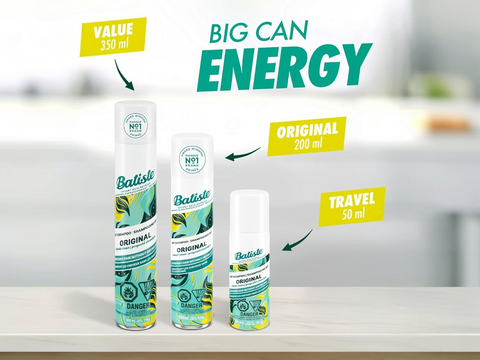 Three Batiste hair spray bottles of different sizes on a white surface with text indicating volume and type.