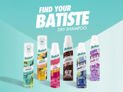 Batiste dry shampoo bottles on a blue background with 'Find Your Batiste' text.