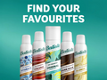 Five Batiste dry shampoo bottles with a teal background and text 'Find Your Favourites'.