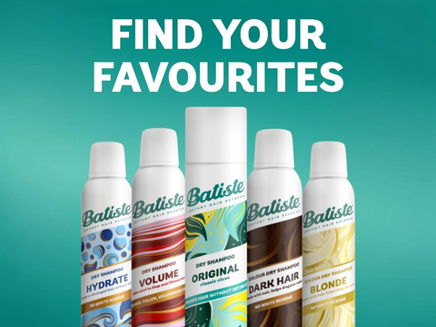 Five Batiste dry shampoo bottles with a teal background and text 'Find Your Favourites'.