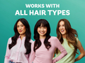 Three women with different hair types standing together against a teal background with text 'Works with all hair types'.
