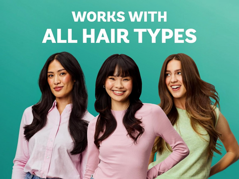 Three women with different hair types standing together against a teal background with text 'Works with all hair types'.