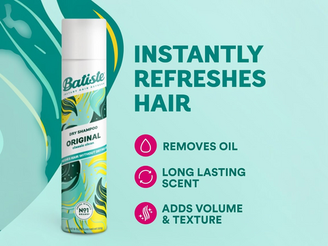 Batiste dry shampoo can with text on a light blue background