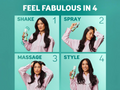 Step-by-step guide on how to use a hair product with a woman demonstrating each step against a teal background.