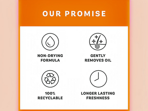 Promotional graphic detailing product features with icons and text on a peach background.