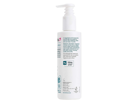 Back label bottle of BetterYou Magnesium Lotion showing ingredients and directions.