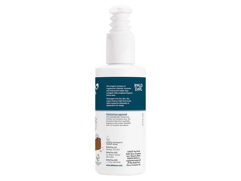 Back label of BetterYou Kids Lotion showing ingredients and child-friendly directions.