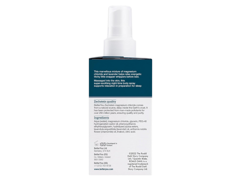 Back label of BetterYou Kids Spray showing ingredients and directions.