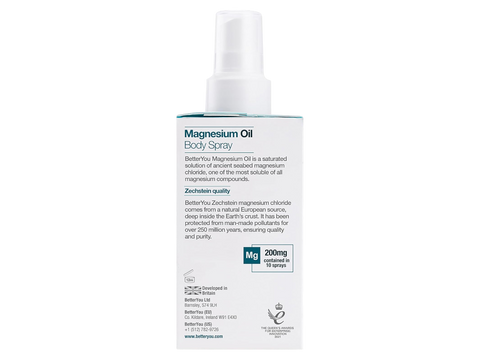 Back label of BetterYou Magnesium Oil Spray showing Zechstein source and ingredients.