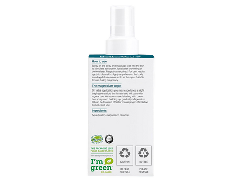 Back label of BetterYou Magnesium Oil Spray showing Zechstein source and ingredients.