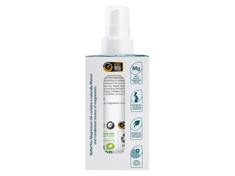 Back label of BetterYou Magnesium Oil Spray showing Zechstein source and ingredients.