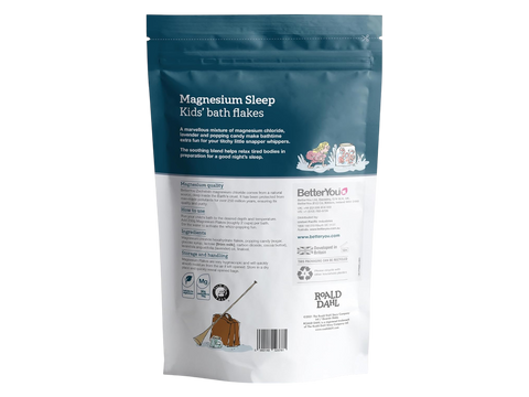 Back label of BetterYou Kids Bath Flakes showing barcode & ingredients list.