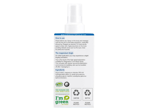 Label showing ingredients and details for BetterYou Magnesium Glucosamine Spray.