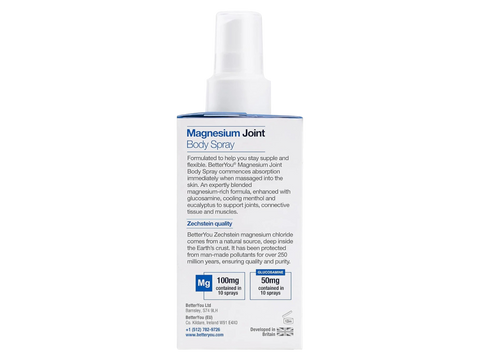 Label showing ingredients and details for BetterYou Magnesium Glucosamine Spray.