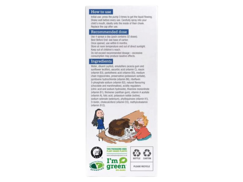 Supplement facts and ingredient list for BetterYou Kids Vitamin Oral Spray.