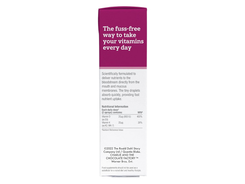 Supplement facts label for BetterYou Kids Vitamin D K2 Spray.