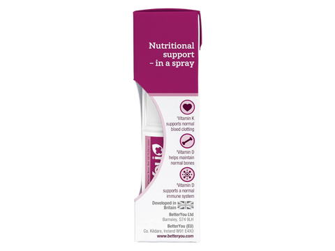 Supplement facts label for BetterYou Kids Vitamin D K2 Spray.