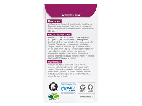 Supplement facts label for BetterYou Kids Vitamin D K2 Spray.