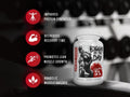 Supplement container with promotional text about its benefits on a gym background