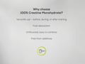 Text detailing the benefits of 100% Creatine Monohydrate on a gray background