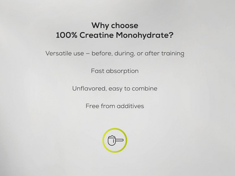 Text detailing the benefits of 100% Creatine Monohydrate on a gray background