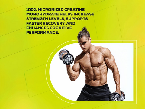 Muscular man lifting weights with text about creatine benefits on a yellow background