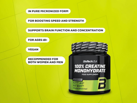 Biotechusa 100% Creatine Monohydrate supplement bottle on a green background with text about product benefits.