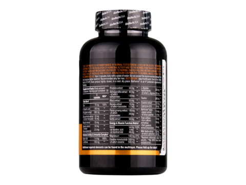 Black supplement bottle with label on a white background