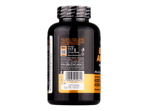 Black supplement bottle with visible label on a white background