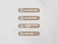 Four labels indicating 'Lactose Free', 'Gluten Free', 'Preservative Free', and 'GMO Free' on a light gray background.
