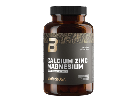 Bottle of Calcium Zinc Magnesium supplement with BiotechUSA label on a white background